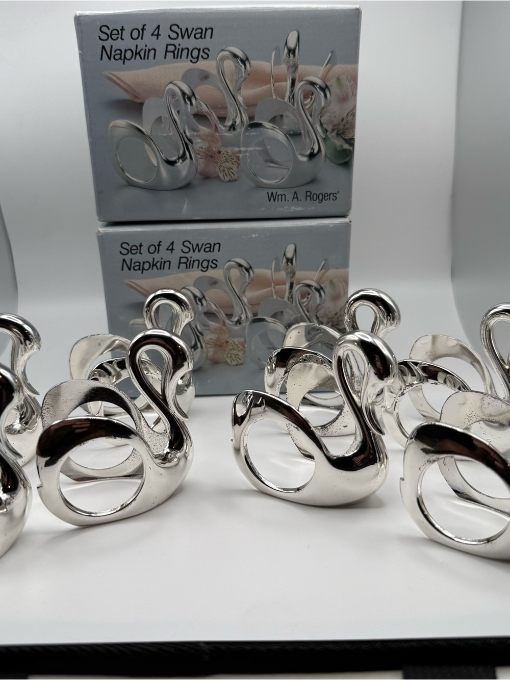 Vintage Wm A Rogers Silverplate Swan Napkin Rings Set of 8 Japan w Boxes